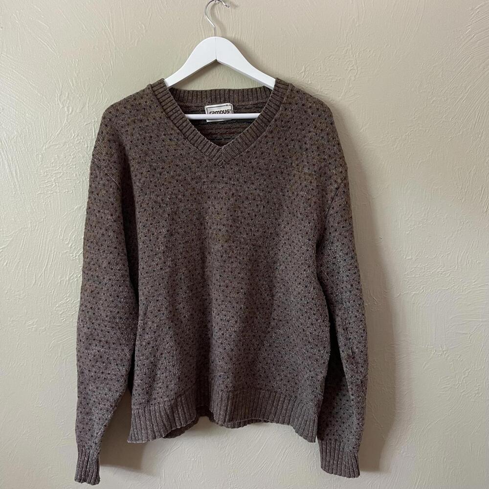 Vintage 90s Wool Blend Speckled Knit V-Neck Sweater Relaxed Brown Neutral